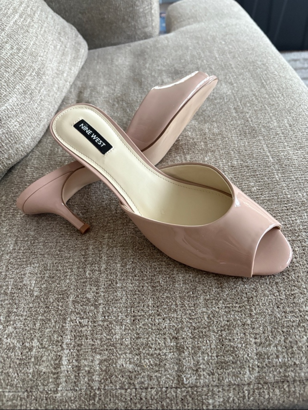 Nine West Blush Patent Peep-Toe Mule Heels